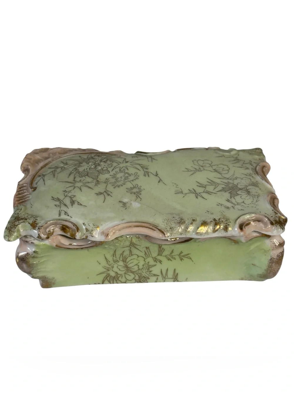 Vintage Tilso Japan Green Floral Porcelain Trinket Box & Bud Vase Vanity set